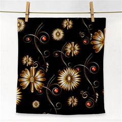 Golden Flowers On Black Background Face Towel