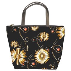 Golden Flowers On Black Background Bucket Bags by FantasyWorld7