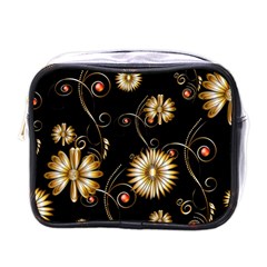 Golden Flowers On Black Background Mini Toiletries Bags