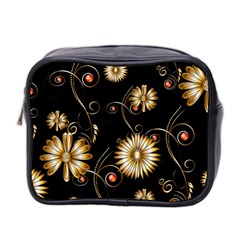 Golden Flowers On Black Background Mini Toiletries Bag 2-side