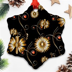 Golden Flowers On Black Background Ornament (snowflake) 