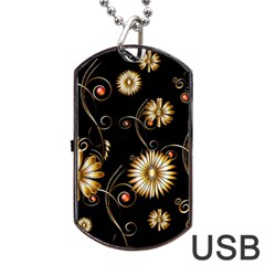 Golden Flowers On Black Background Dog Tag Usb Flash (one Side)