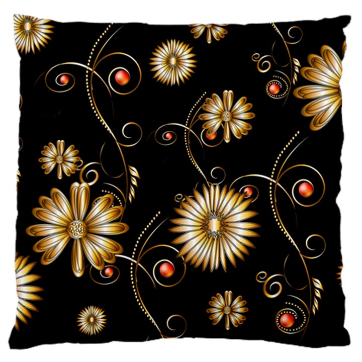 Golden Flowers On Black Background Large Cushion Cases (One Side) 