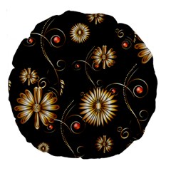 Golden Flowers On Black Background Large 18  Premium Round Cushions by FantasyWorld7