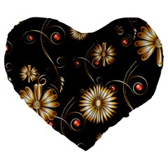 Golden Flowers On Black Background Large 19  Premium Heart Shape Cushions