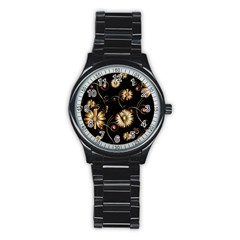 Golden Flowers On Black Background Stainless Steel Round Watches