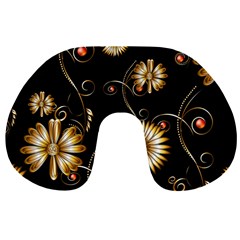 Golden Flowers On Black Background Travel Neck Pillows