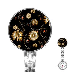 Golden Flowers On Black Background Stainless Steel Nurses Watches