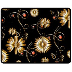 Golden Flowers On Black Background Double Sided Fleece Blanket (medium) 