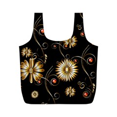 Golden Flowers On Black Background Full Print Recycle Bags (m) 