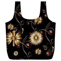 Golden Flowers On Black Background Full Print Recycle Bags (l) 