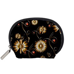 Golden Flowers On Black Background Accessory Pouches (small) 