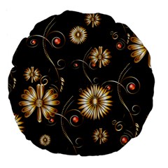 Golden Flowers On Black Background Large 18  Premium Flano Round Cushions