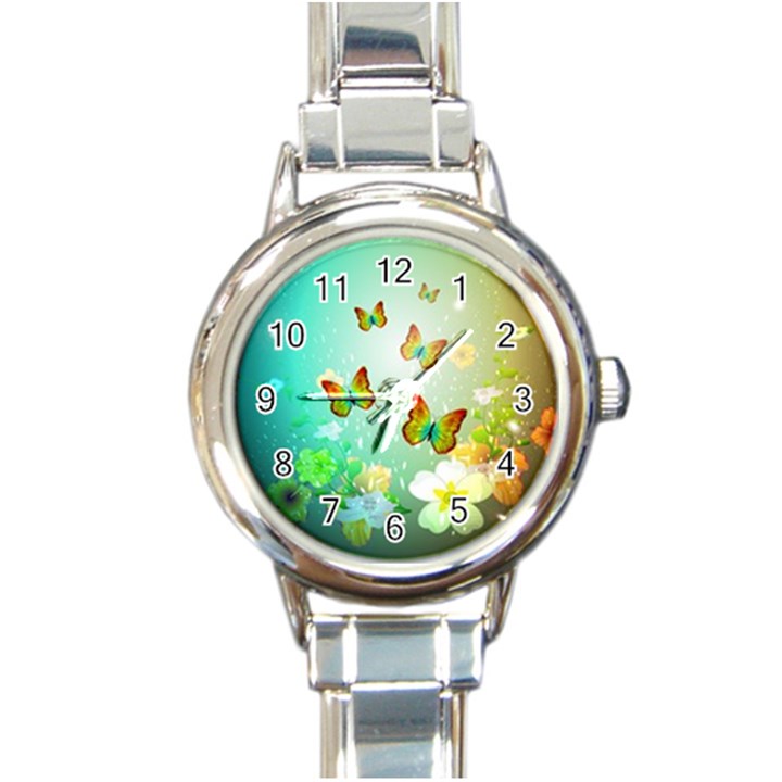 Flowers With Wonderful Butterflies Round Italian Charm Watches