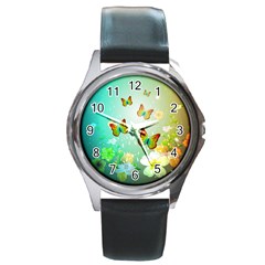 Flowers With Wonderful Butterflies Round Metal Watches