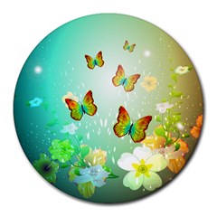 Flowers With Wonderful Butterflies Round Mousepads by FantasyWorld7