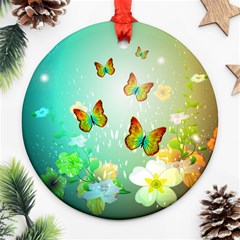 Flowers With Wonderful Butterflies Ornament (round)  by FantasyWorld7