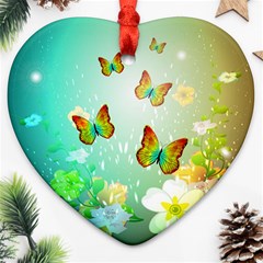 Flowers With Wonderful Butterflies Ornament (heart)  by FantasyWorld7