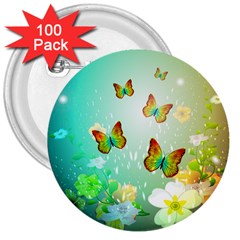 Flowers With Wonderful Butterflies 3  Buttons (100 Pack) 