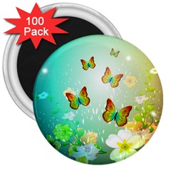 Flowers With Wonderful Butterflies 3  Magnets (100 Pack)