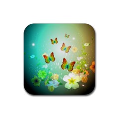 Flowers With Wonderful Butterflies Rubber Coaster (square)  by FantasyWorld7