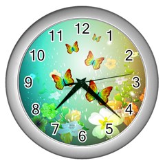 Flowers With Wonderful Butterflies Wall Clocks (silver)  by FantasyWorld7