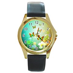 Flowers With Wonderful Butterflies Round Gold Metal Watches by FantasyWorld7