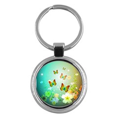 Flowers With Wonderful Butterflies Key Chains (round)  by FantasyWorld7