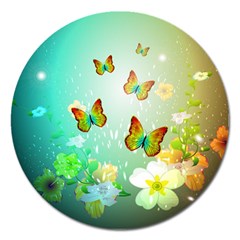 Flowers With Wonderful Butterflies Magnet 5  (round) by FantasyWorld7