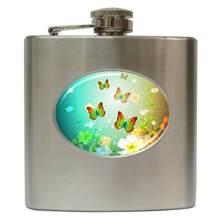 Flowers With Wonderful Butterflies Hip Flask (6 oz)