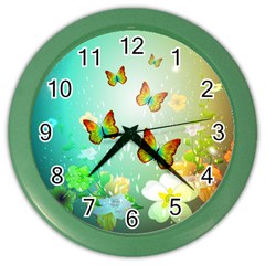 Flowers With Wonderful Butterflies Color Wall Clocks