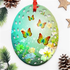 Flowers With Wonderful Butterflies Oval Filigree Ornament (2-side)  by FantasyWorld7