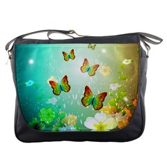 Flowers With Wonderful Butterflies Messenger Bags by FantasyWorld7