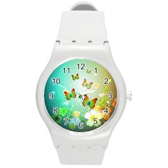 Flowers With Wonderful Butterflies Round Plastic Sport Watch (m)