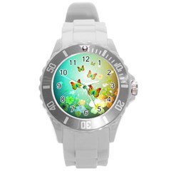 Flowers With Wonderful Butterflies Round Plastic Sport Watch (l)