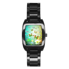 Flowers With Wonderful Butterflies Stainless Steel Barrel Watch