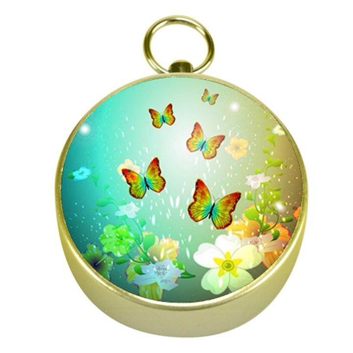 Flowers With Wonderful Butterflies Gold Compasses