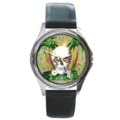 Funny Skull With Sunglasses And Palm Round Metal Watches