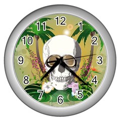 Funny Skull With Sunglasses And Palm Wall Clocks (silver) 