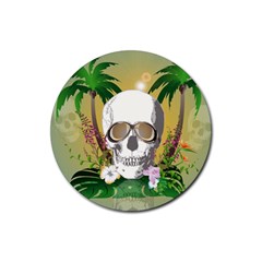 Funny Skull With Sunglasses And Palm Rubber Coaster (round)  by FantasyWorld7