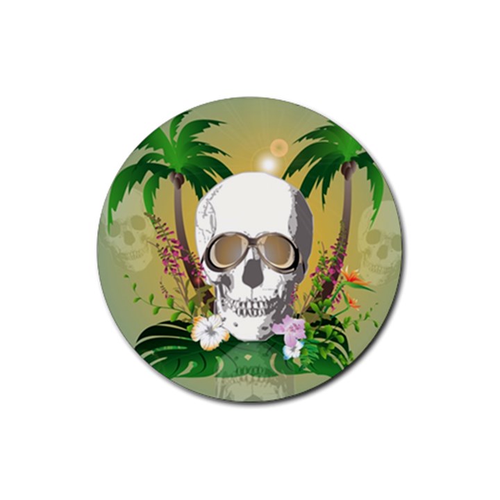 Funny Skull With Sunglasses And Palm Rubber Round Coaster (4 pack) 