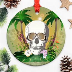 Funny Skull With Sunglasses And Palm Round Ornament (two Sides) 