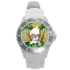 Funny Skull With Sunglasses And Palm Round Plastic Sport Watch (l)