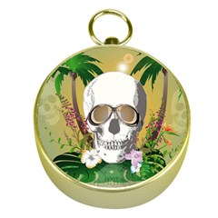 Funny Skull With Sunglasses And Palm Gold Compasses