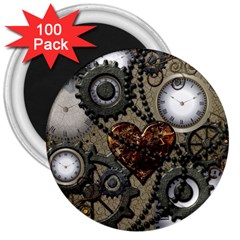 Steampunk With Clocks And Gears And Heart 3  Magnets (100 Pack)