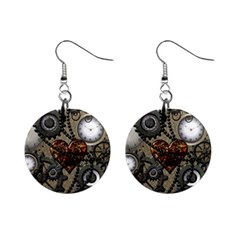 Steampunk With Clocks And Gears And Heart Mini Button Earrings