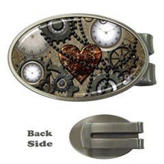 Steampunk With Clocks And Gears And Heart Money Clips (oval) 