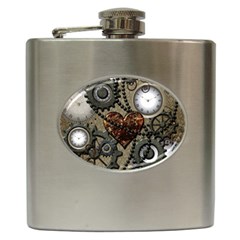 Steampunk With Clocks And Gears And Heart Hip Flask (6 Oz) by FantasyWorld7