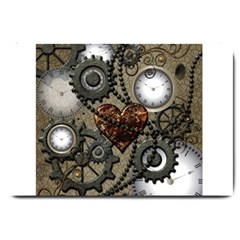 Steampunk With Clocks And Gears And Heart Large Doormat  by FantasyWorld7