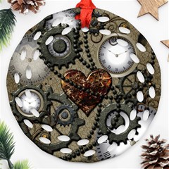 Steampunk With Clocks And Gears And Heart Ornament (round Filigree)  by FantasyWorld7